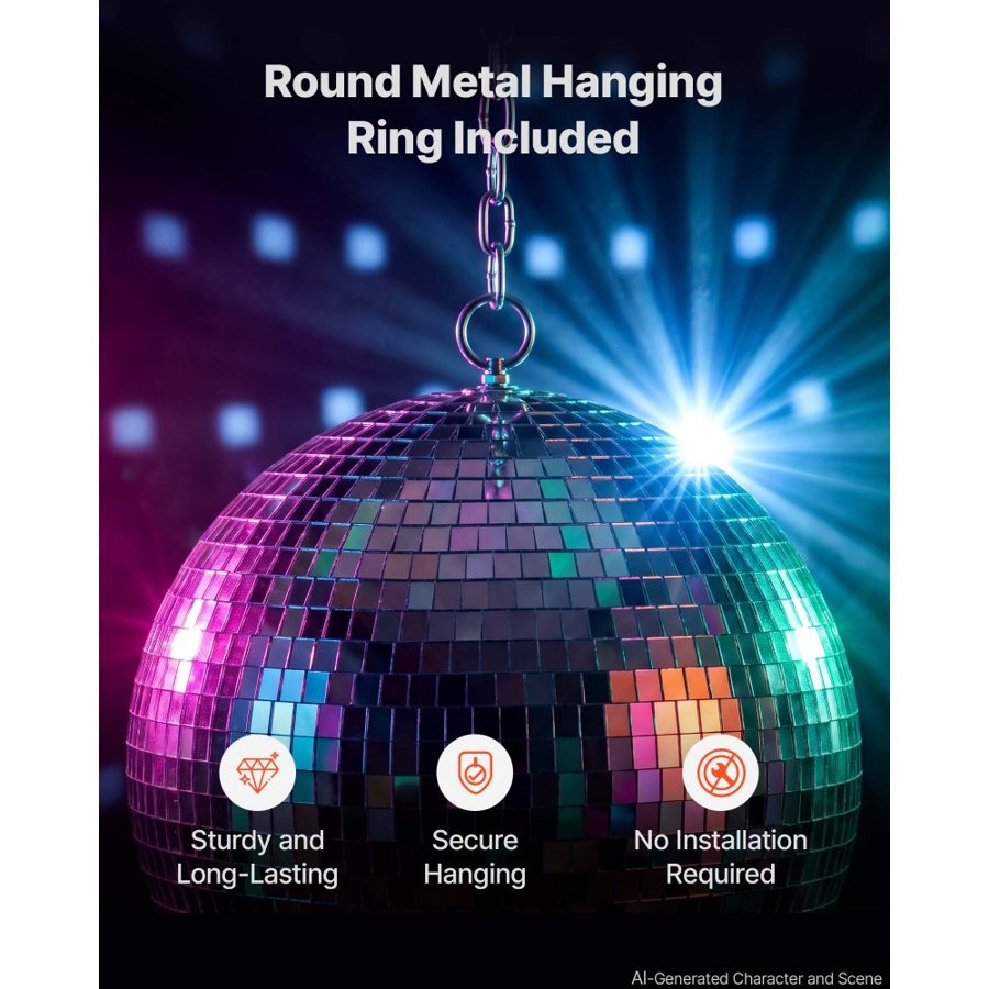 VEVOR Glass Mirror Disco Ball – 300 mm Silver, Hanging Ring