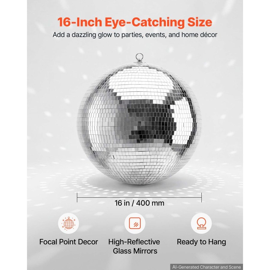 VEVOR Mirror Disco Ball 400 mm Silver Reflective Ball with Hanging Ring, for Party Home Decoration Stage Props DJ Dance Club, 2 Mirror Tile Sizes, Reflects Light, Large Wedding Music Birthday Decor