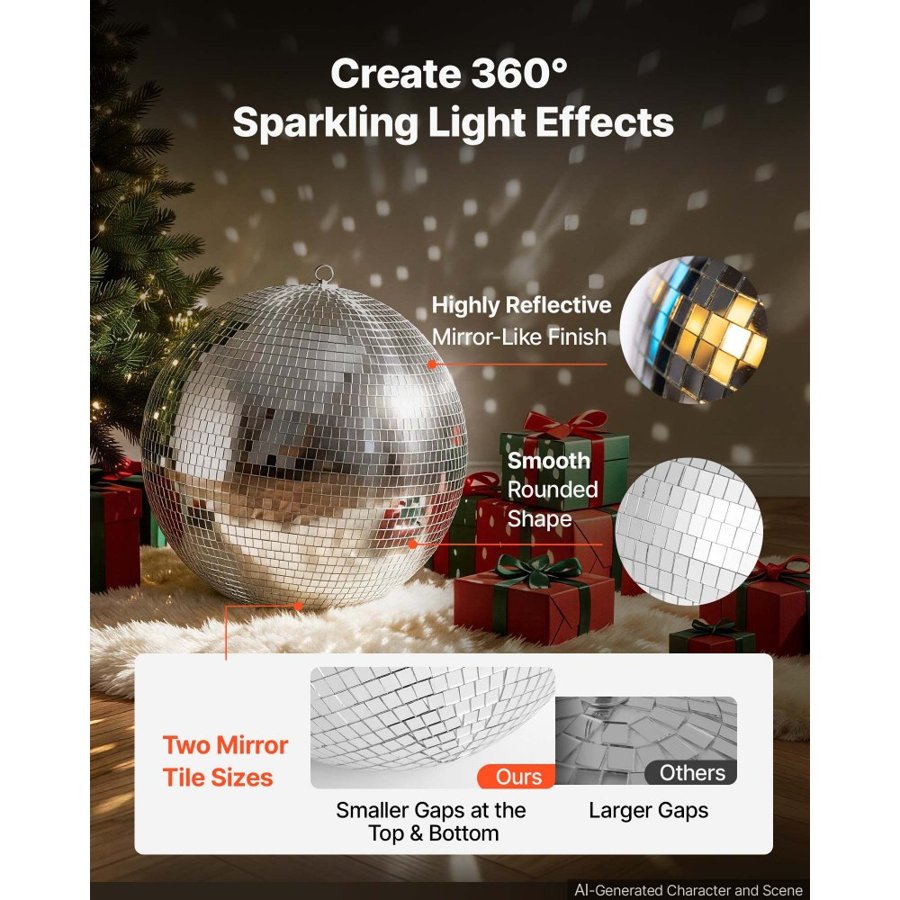 VEVOR Mirror Disco Ball 400 mm Silver Reflective Ball with Hanging Ring, for Party Home Decoration Stage Props DJ Dance Club, 2 Mirror Tile Sizes, Reflects Light, Large Wedding Music Birthday Decor