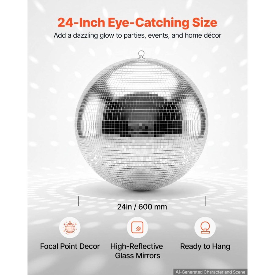 VEVOR Mirror Disco Ball 600 mm Silver Reflective Ball with Hanging Ring, for Party Home Decoration Stage Props DJ Dance Club, 2 Mirror Tile Sizes, Reflects Light, Large Wedding Music Birthday Decor