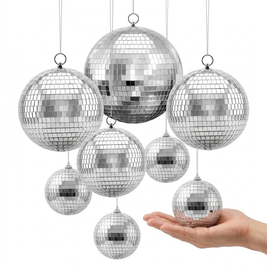 VEVOR Mirror Disco Ball 100/150/200 mm 8-Pack Silver Ball with Hanging Ring, for Party Home Decoration Stage Props DJ Dance Club, 2 Mirror Tile Sizes, Reflect Light, Large Wedding Music Birthday Decor