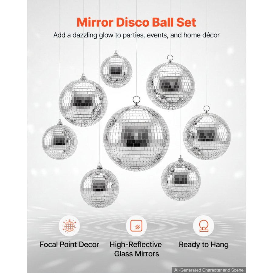 VEVOR Mirror Disco Ball 100/150/200 mm 8-Pack Silver Ball with Hanging Ring, for Party Home Decoration Stage Props DJ Dance Club, 2 Mirror Tile Sizes, Reflect Light, Large Wedding Music Birthday Decor