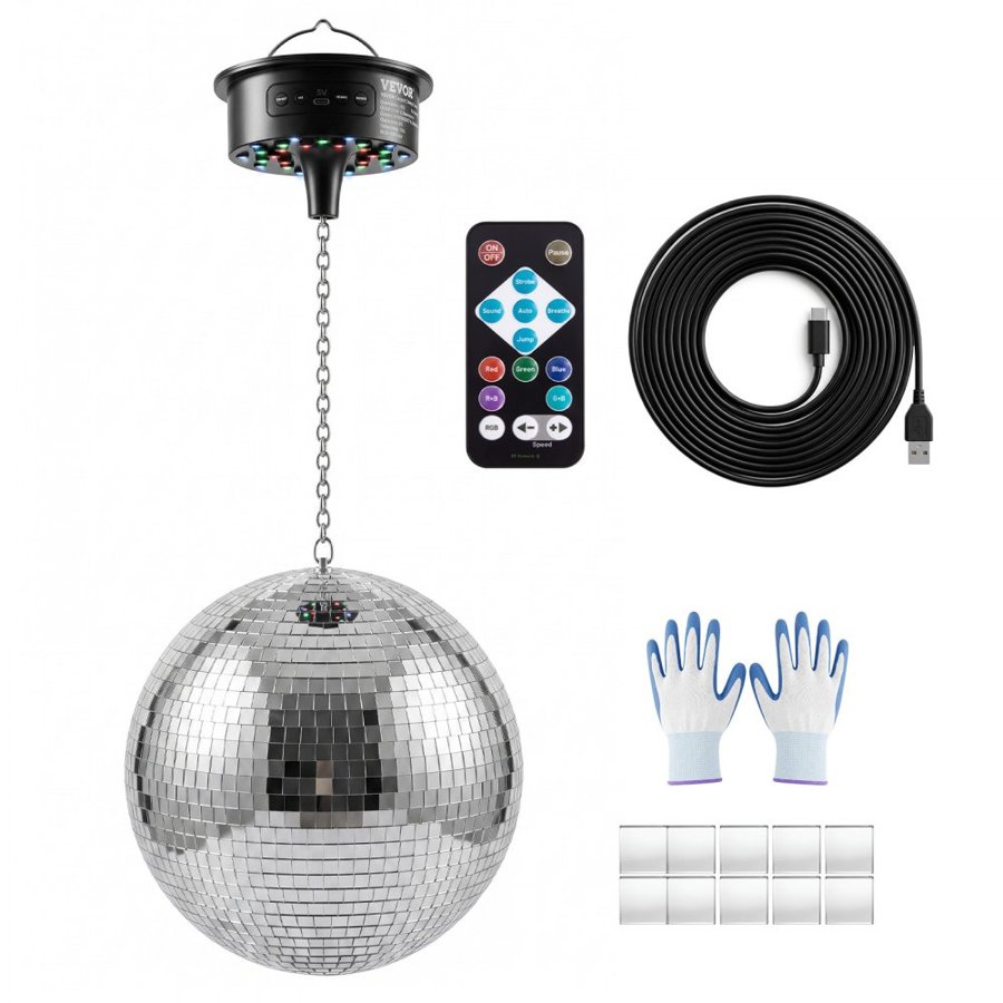 VEVOR Mirror Disco Ball 300 mm Hanging Ball with Motor Remote LED Lights, for Party Home Decoration Stage Props DJ Dance Club, RGB + 3 Mixed Colors, 0/3/6/9/12/15 RPM, Wedding Birthday Decor, Silver