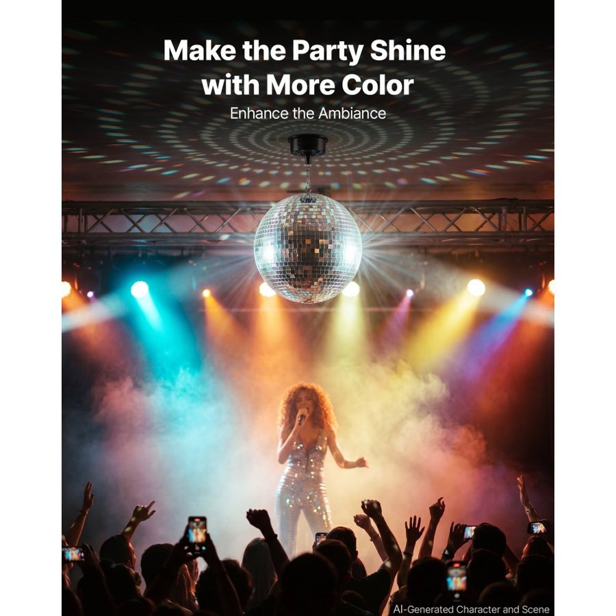 VEVOR Mirror Disco Ball 300 mm Hanging Ball with Motor Remote LED Lights, for Party Home Decoration Stage Props DJ Dance Club, RGB + 3 Mixed Colors, 0/3/6/9/12/15 RPM, Wedding Birthday Decor, Silver