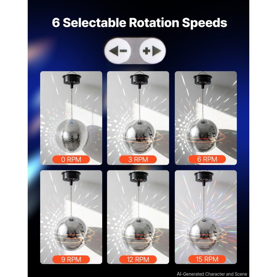 VEVOR Mirror Disco Ball 300 mm Hanging Ball with Motor Remote LED Lights, for Party Home Decoration Stage Props DJ Dance Club, RGB + 3 Mixed Colors, 0/3/6/9/12/15 RPM, Wedding Birthday Decor, Silver