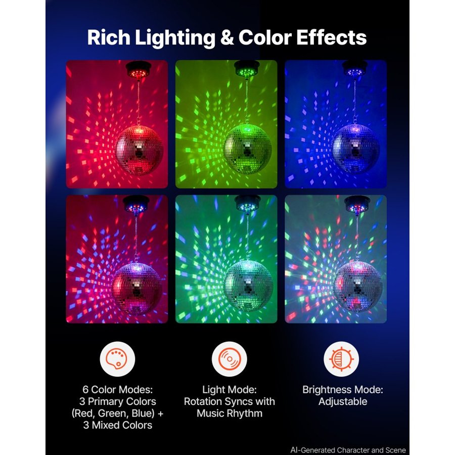 VEVOR Mirror Disco Ball 300 mm Hanging Ball with Motor Remote LED Lights, for Party Home Decoration Stage Props DJ Dance Club, RGB + 3 Mixed Colors, 0/3/6/9/12/15 RPM, Wedding Birthday Decor, Silver
