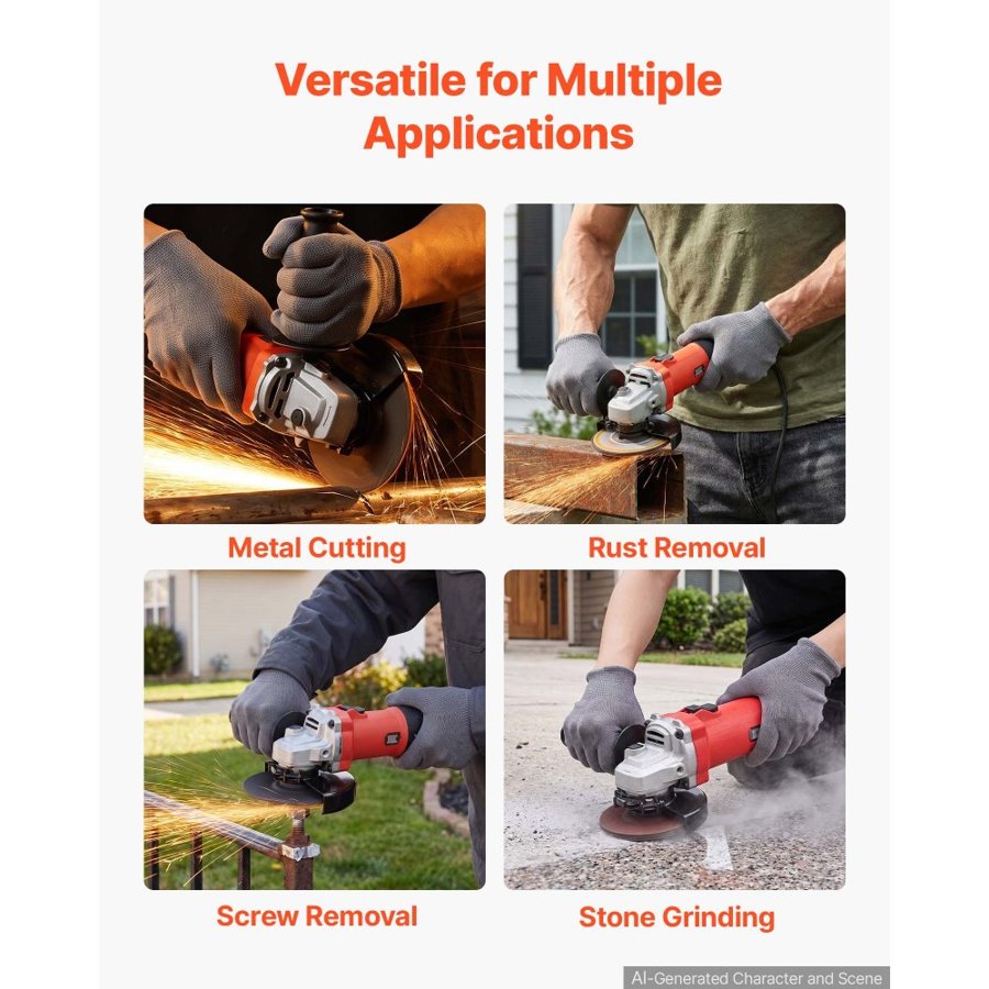 VEVOR Angle Grinder, 125mm Electric Grinder Power Tool, 1500W 7Amps 0 - 11000RPM Variable Speed Angle Grinders with 2 Cutting Wheels, 2 Grinding Wheels & 2 Flap Discs for Metal Grinding, Cutting