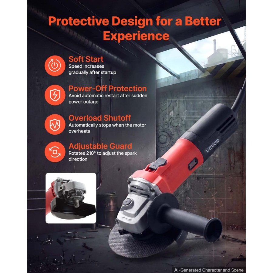 VEVOR Angle Grinder, 125mm Electric Grinder Power Tool, 1500W 7Amps 0 - 11000RPM Variable Speed Angle Grinders with 2 Cutting Wheels, 2 Grinding Wheels & 2 Flap Discs for Metal Grinding, Cutting