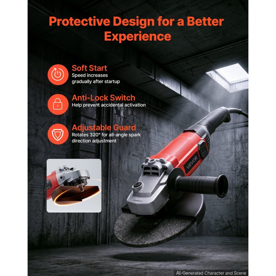 VEVOR Angle Grinder, 230mm Electric Grinder Power Tool, 2000W 10A 6500RPM High-Speed Corded Angle Grinder with Adjustable Guard for Metal Grinding, Cutting, Rust Removal (Grinding Wheels Not Included)