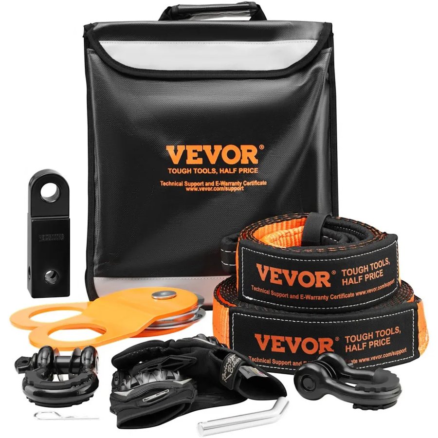VEVOR Off-Road Recovery Kit, 7.6 x 914.4 cm, Heavy Duty Winch Recovery Kit with 13,608 kg Tow Straps, 20,000 kg D-Ring Shackles, Shackle Receiver, Snatch Block Pulley, Gloves, Storage Bag for ATV Jeep Truck