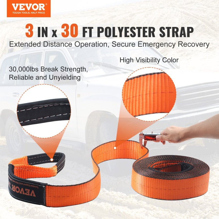 VEVOR Off-Road Recovery Kit, 7.6 x 914.4 cm, Heavy Duty Winch Recovery Kit with 13,608 kg Tow Straps, 20,000 kg D-Ring Shackles, Shackle Receiver, Snatch Block Pulley, Gloves, Storage Bag for ATV Jeep Truck