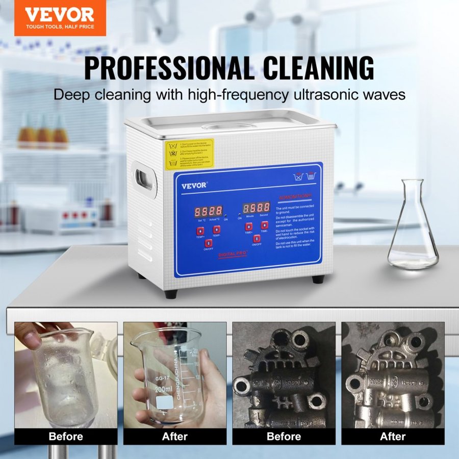 VEVOR 3 Liter Ultrasonic Cleaner - 40kHz, Heated Tank, 2.85L