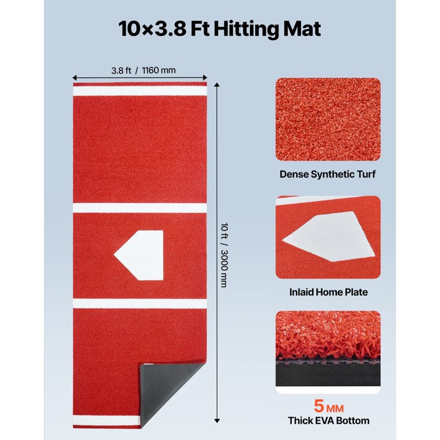 VEVOR Baseball Hitting Mat, 300x116cm Batting Cage Mat, Batters Box Turf Mats, Softball Batting Practice Equipment with Home Plate and Anti Fade Turf, Portable Training Aid for Indoor Outdoor, Red