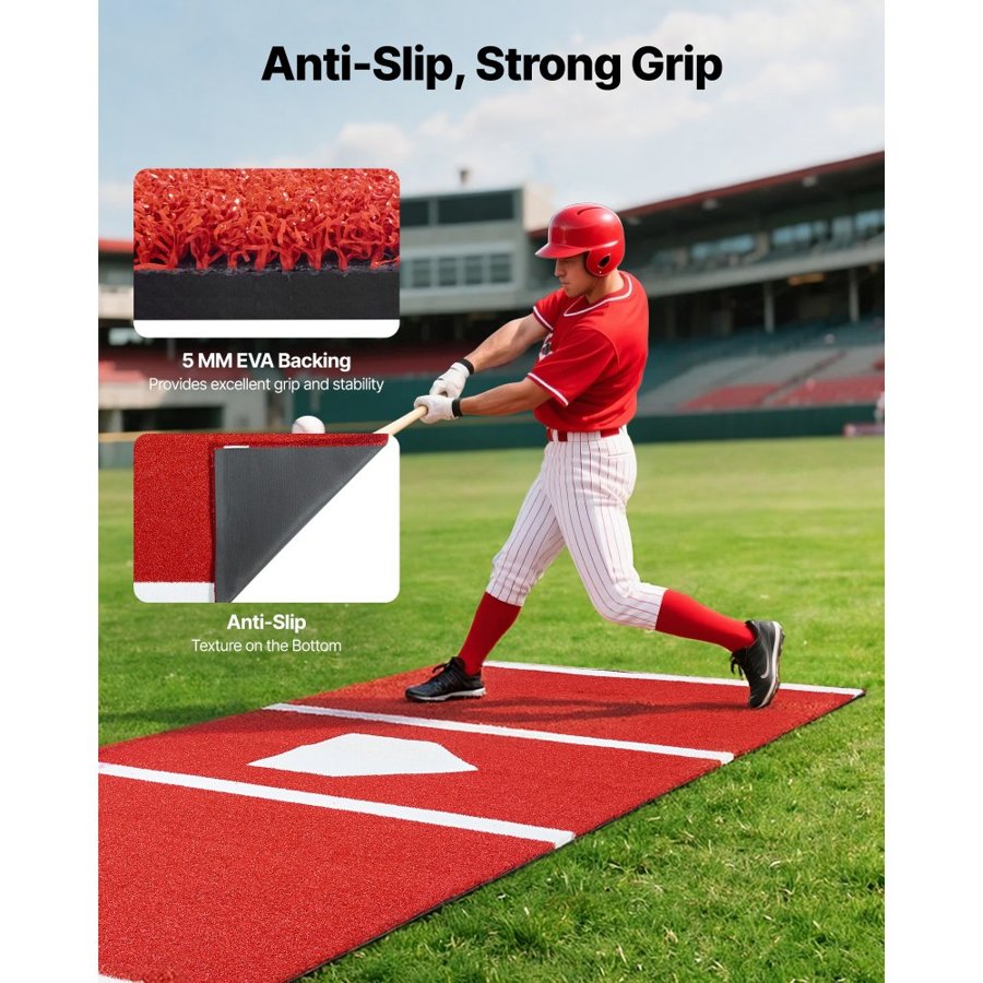 VEVOR Baseball Hitting Mat, 300x116cm Batting Cage Mat, Batters Box Turf Mats, Softball Batting Practice Equipment with Home Plate and Anti Fade Turf, Portable Training Aid for Indoor Outdoor, Red