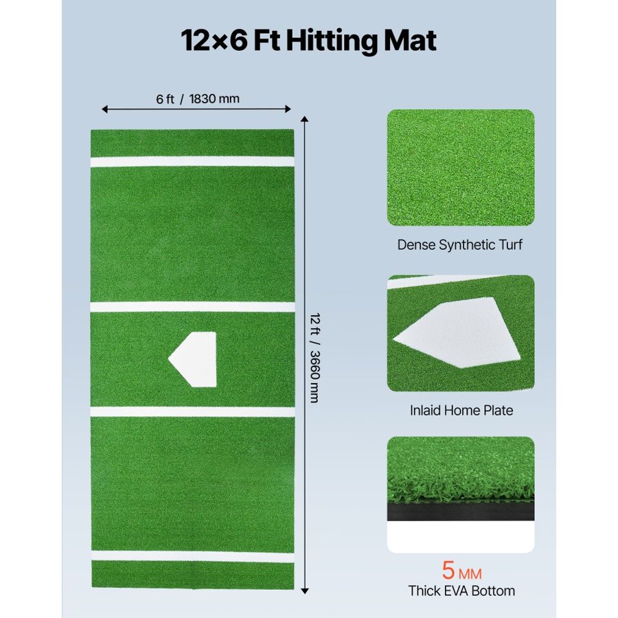 VEVOR Baseball Hitting Mat, 366x183cm Batting Cage Mat, Batters Box Turf Mats, Softball Batting Practice Equipment with Home Plate and Anti Fade Turf, Portable Training Aid for Indoor Outdoor, Green