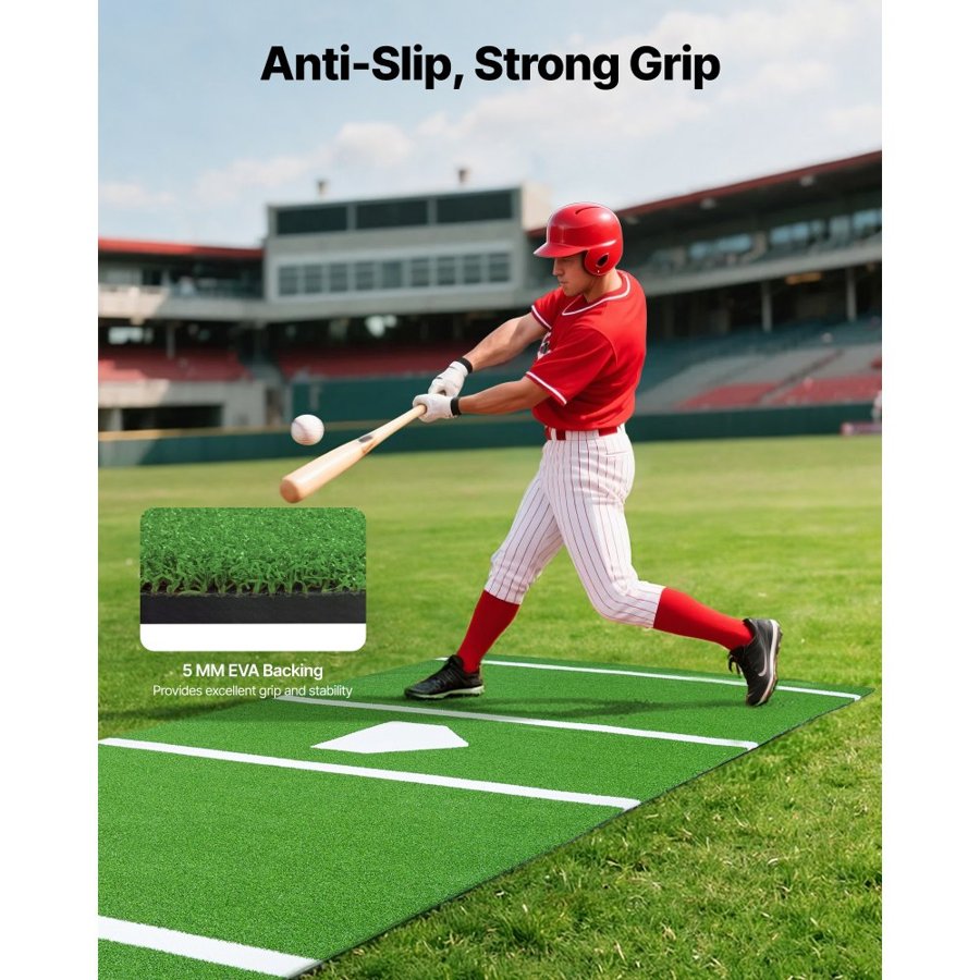 VEVOR Baseball Hitting Mat, 366x183cm Batting Cage Mat, Batters Box Turf Mats, Softball Batting Practice Equipment with Home Plate and Anti Fade Turf, Portable Training Aid for Indoor Outdoor, Green