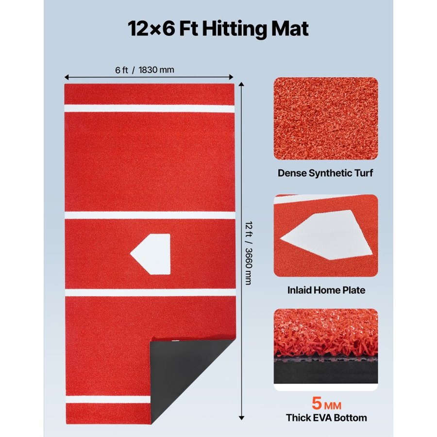VEVOR Batting Cage Mats – 12x6 FT Turf, Home Plate, Red