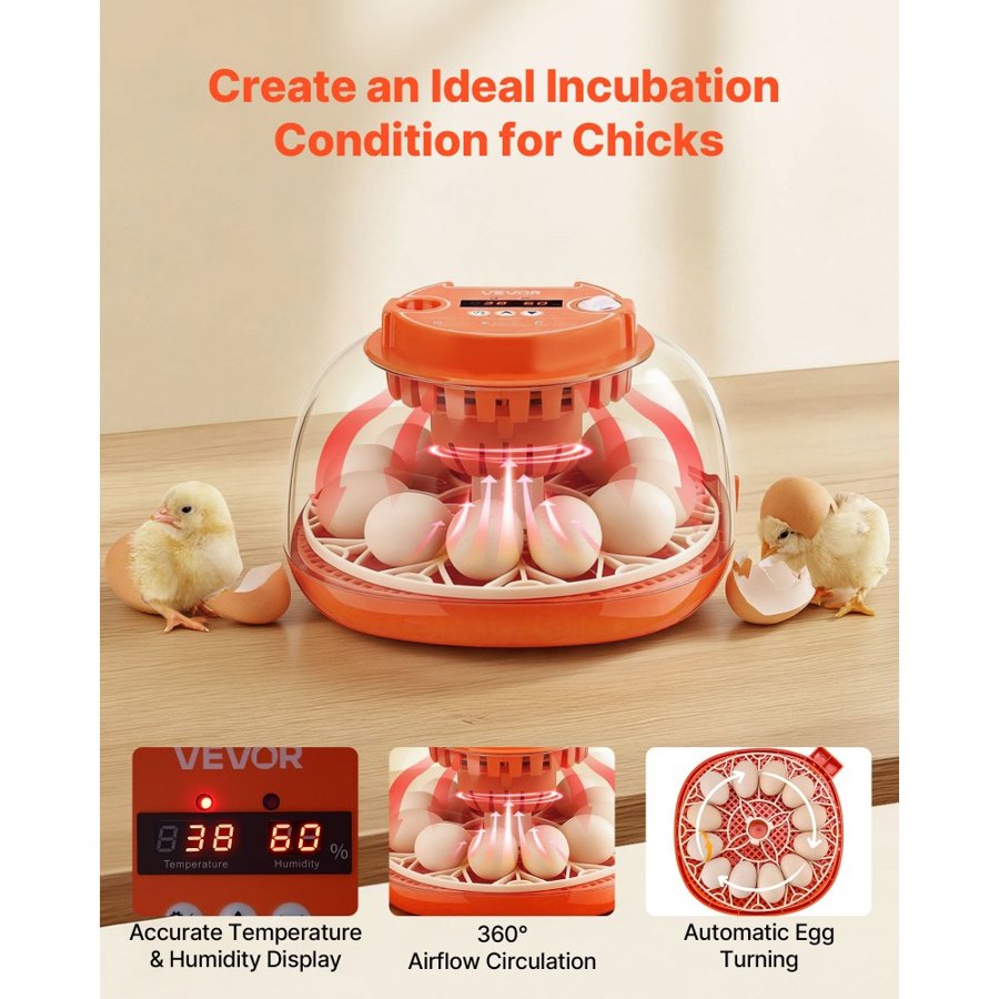 VEVOR 12 Egg Incubator, Automatic Egg Turner with LED Candler, Temperature & Humidity Control, 360° View Clear Window, Poultry Eggs Incubator for Home Farm, Hatching Chicks Ducks Goose Quail