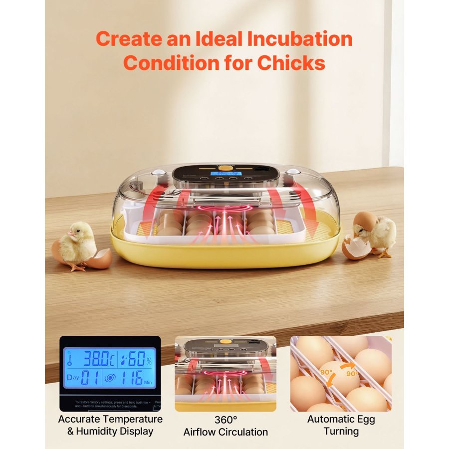 VEVOR 24 Egg Incubator, Automatic Egg Turner with LED Candler, Temperature & Humidity Control, 360° View Clear Window, Auto Water Refill, Poultry Eggs Incubators for Hatching Chicks Ducks Goose Quail
