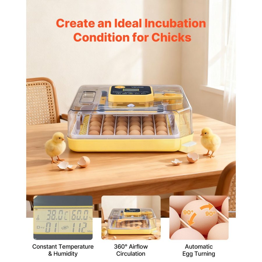 VEVOR 48 Egg Incubator, Automatic Egg Turner with LED Candler, Temperature Display & Auto Humidity Control, 360° View Clear Window, Poultry Eggs Incubator for Hatching Chicks Ducks Goose Quail