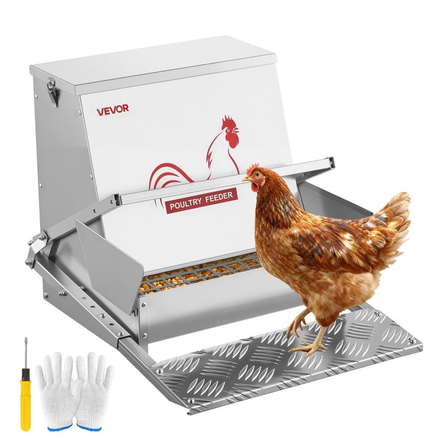 VEVOR Automatic Chicken Feeder, 18.14 kg Capacity, Rainproof Treadle Poultry Feeder with Lockable Lid, No Waste, Galvanized Steel Construction, Outdoor Use, for Chicken, Bantams, Poultry, Pheasants