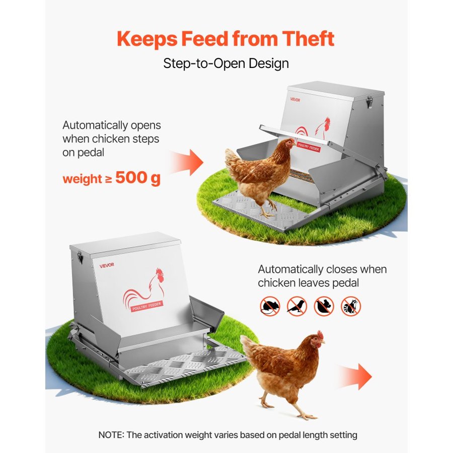 VEVOR Automatic Chicken Feeder, 18.14 kg Capacity, Rainproof Treadle Poultry Feeder with Lockable Lid, No Waste, Galvanized Steel Construction, Outdoor Use, for Chicken, Bantams, Poultry, Pheasants