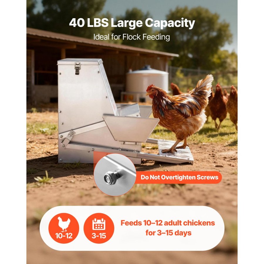 VEVOR Automatic Chicken Feeder, 18.14 kg Capacity, Rainproof Treadle Poultry Feeder with Lockable Lid, No Waste, Galvanized Steel Construction, Outdoor Use, for Chicken, Bantams, Poultry, Pheasants