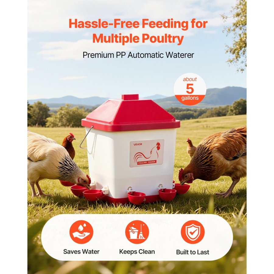 VEVOR 19L Automatic Chicken Waterer, 6 Water Ports, Automatic-Fill Water Cup, Automatic Gravity Waterer with Convenient Handle Sealed Rubber Ring, Waterproof PP Material, No Waste Design, for Chicken