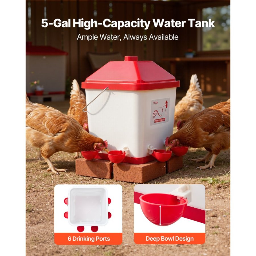 VEVOR 19L Automatic Chicken Waterer, 6 Water Ports, Automatic-Fill Water Cup, Automatic Gravity Waterer with Convenient Handle Sealed Rubber Ring, Waterproof PP Material, No Waste Design, for Chicken