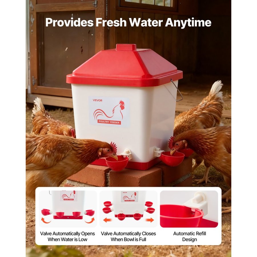 VEVOR 19L Automatic Chicken Waterer, 6 Water Ports, Automatic-Fill Water Cup, Automatic Gravity Waterer with Convenient Handle Sealed Rubber Ring, Waterproof PP Material, No Waste Design, for Chicken