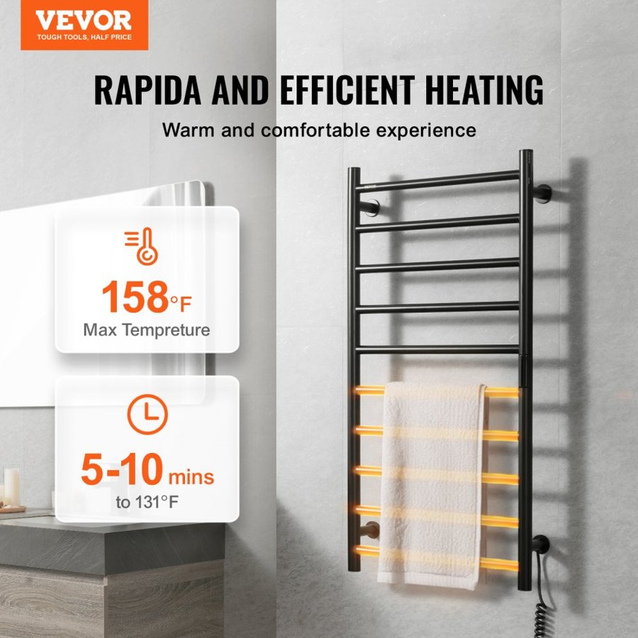 VEVOR 10 Bars Towel Warmer Rack, Wall Mounted Heated Towel Rack for Bathroom, IPX5 Waterpoof Towel Heater Rack with Timer & LED Display Screen, 5 Levels Adjustable Temperature Towel Heater, Black