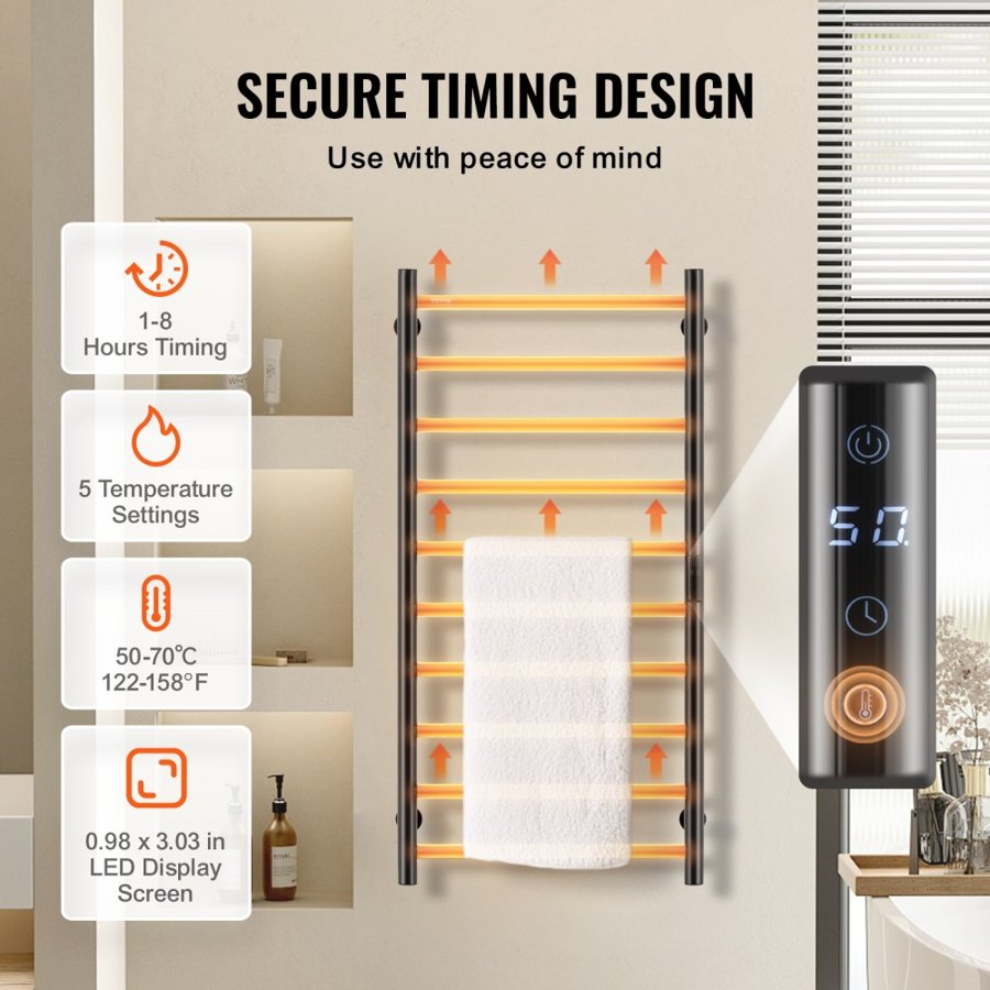 VEVOR 10 Bars Towel Warmer Rack, Wall Mounted Heated Towel Rack for Bathroom, IPX5 Waterpoof Towel Heater Rack with Timer & LED Display Screen, 5 Levels Adjustable Temperature Towel Heater, Black