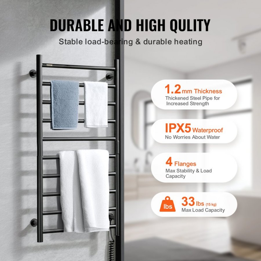 VEVOR 10 Bars Towel Warmer Rack, Wall Mounted Heated Towel Rack for Bathroom, IPX5 Waterpoof Towel Heater Rack with Timer & LED Display Screen, 5 Levels Adjustable Temperature Towel Heater, Black