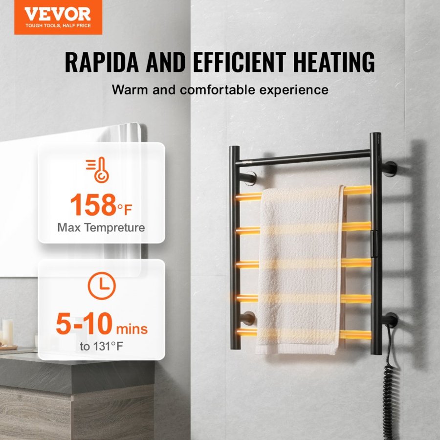 VEVOR 6 Bars Towel Warmer Rack, Wall Mounted Heated Towel Rack for Bathroom, IPX5 Waterpoof Towel Heater Rack with Timer & LED Display Screen, 5 Levels Adjustable Temperature Towel Heater, Black
