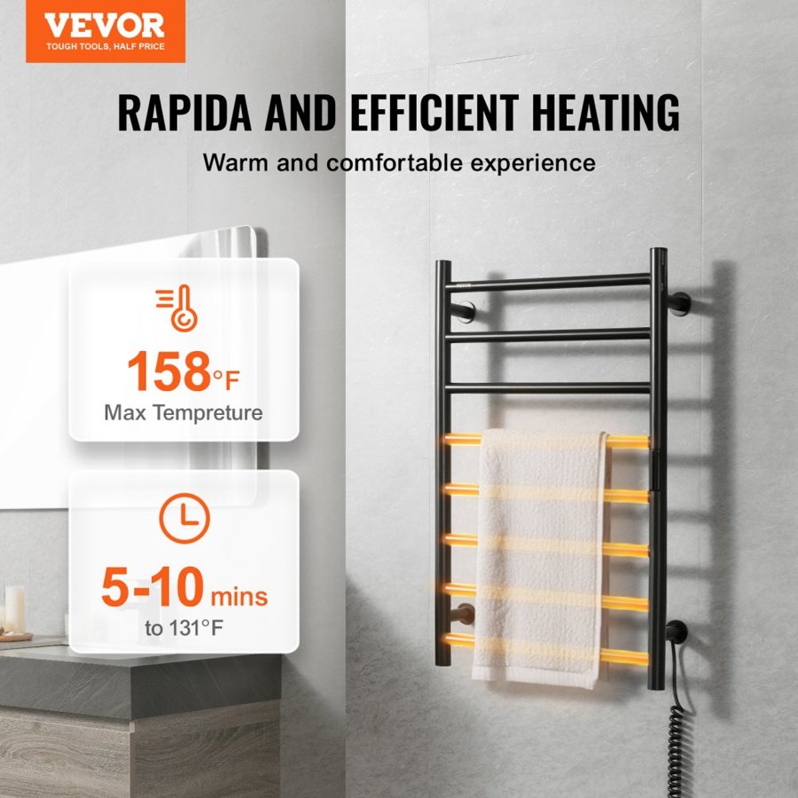 VEVOR 8 Bars Towel Warmer Rack, Wall Mounted Heated Towel Rack for Bathroom, IPX5 Waterpoof Towel Heater Rack with Timer & LED Display Screen, 5 Levels Adjustable Temperature Towel Heater, Black