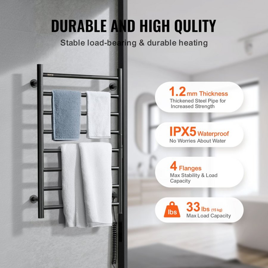 VEVOR 8 Bars Towel Warmer Rack, Wall Mounted Heated Towel Rack for Bathroom, IPX5 Waterpoof Towel Heater Rack with Timer & LED Display Screen, 5 Levels Adjustable Temperature Towel Heater, Black