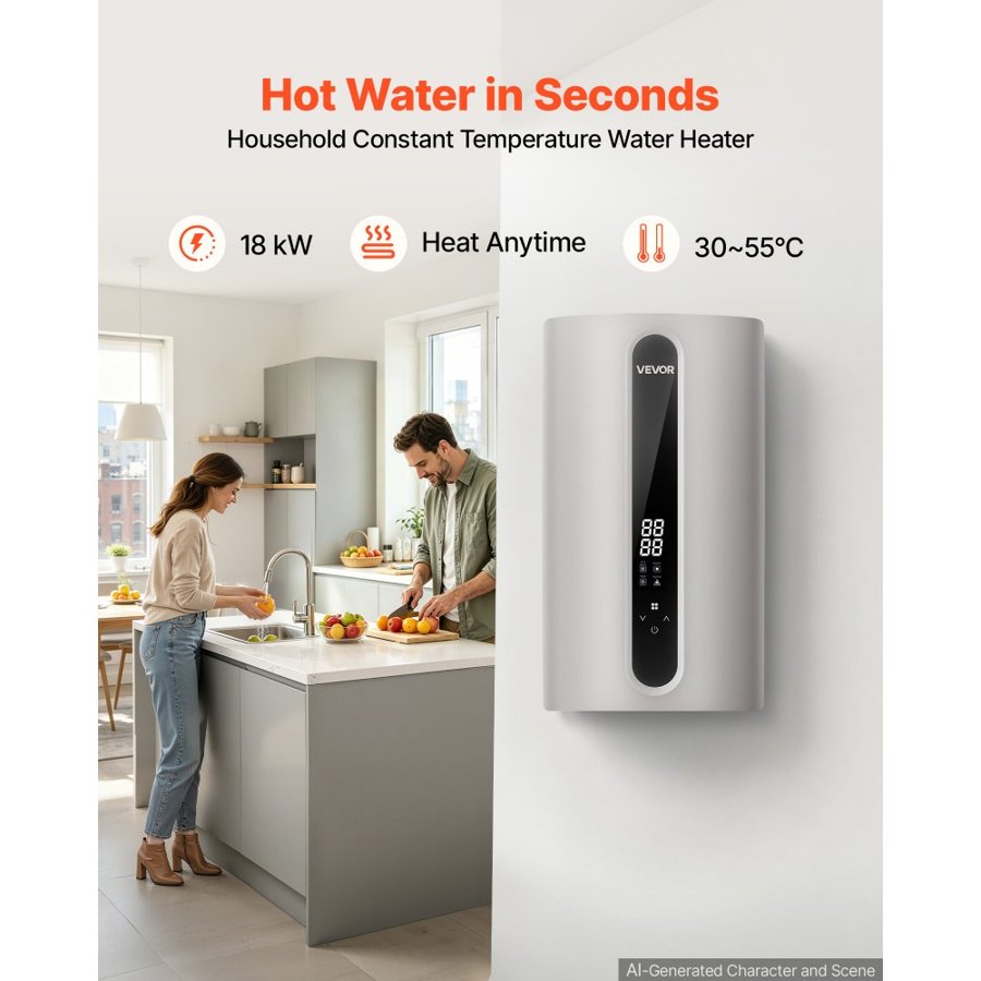 VEVOR Tankless Electric Water Heater 18 kW 3 Phase Instant Hot Water Heater, for Household Washing, Bathing, Kitchen, LED Touch Control, Cast Aluminum Heating Element, 30-55°C Adjustable Temperature