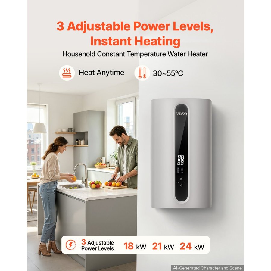 VEVOR Tankless Electric Water Heater 24 kW 3 Phase Instant Hot Water Heater, for Household Washing, Bathing, Kitchen, 18/21/24 kW Adjustable Power, LED Touch Control, Cast Aluminum Element, 30-55°C