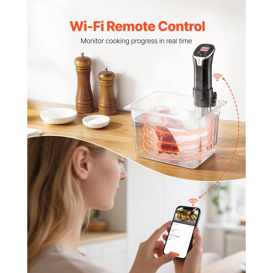 VEVOR Sous Vide Precision Cooker, 1100W Sous-Vide Cooking Machine, WIFI Immersion Circulator with 10 Preset Recipes, LCD Touchscreen, Fast-Heating, Accurate Temperature & Timer, App Control, Sous-Vide
