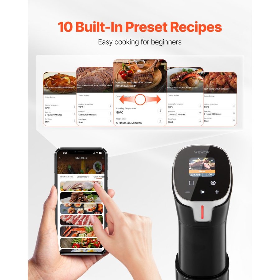 VEVOR Sous Vide Precision Cooker, 1100W Sous-Vide Cooking Machine, WIFI Immersion Circulator with 10 Preset Recipes, LCD Touchscreen, Fast-Heating, Accurate Temperature & Timer, App Control, Sous-Vide