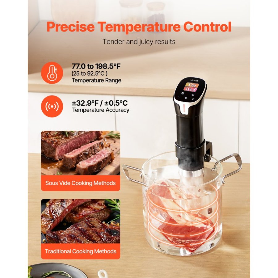VEVOR Sous Vide Precision Cooker, 1100W Sous-Vide Cooking Machine, WIFI Immersion Circulator with 10 Preset Recipes, LCD Touchscreen, Fast-Heating, Accurate Temperature & Timer, App Control, Sous-Vide