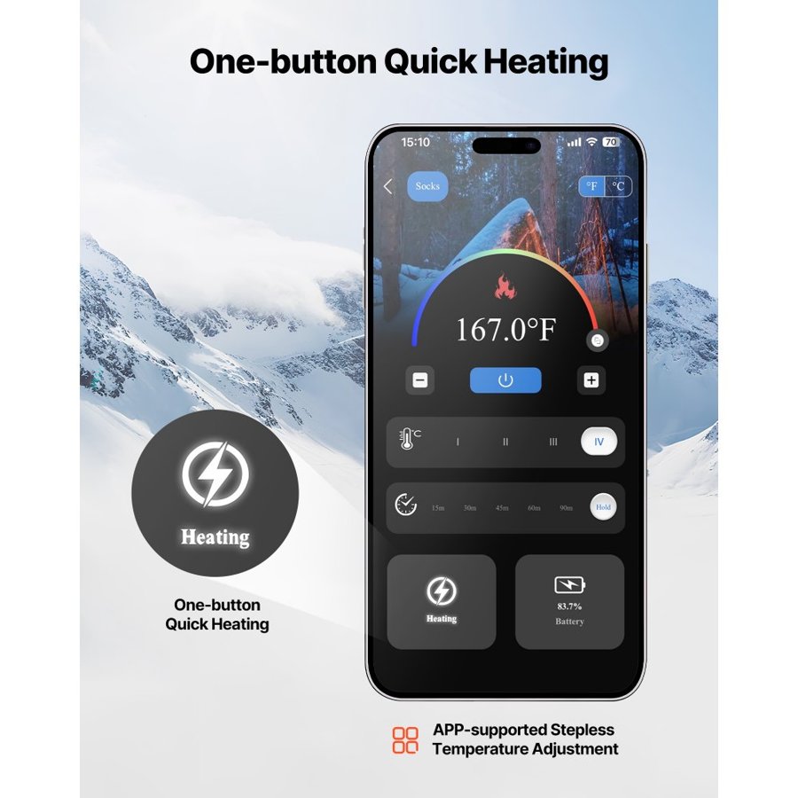 VEVOR Heated Socks, Small Size, 5000mAh Battery Rechargeable Heating Socks with 4 Heating Levels, Electric Heated Sock with APP Control for Men Women, Foot Warmer for Hunting Riding Camping Hiking