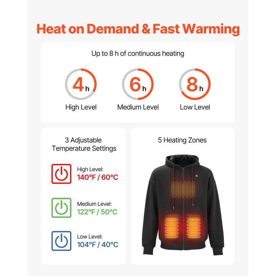 VEVOR Heated Zip Hoodie – 5 Heating Zones, 16000mAh, 7.4V