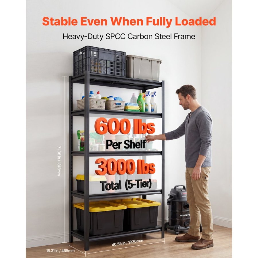VEVOR Storage Shelves, 5-Tier Adjustable, 1360.8 kg Capacity, Heavy Duty Garage Storage Shelving Unit, Metal Utility Rack Shelf, for Garage Warehouse Basement Kitchen, 1030 mm W x 465 mm D x 1813 mm H