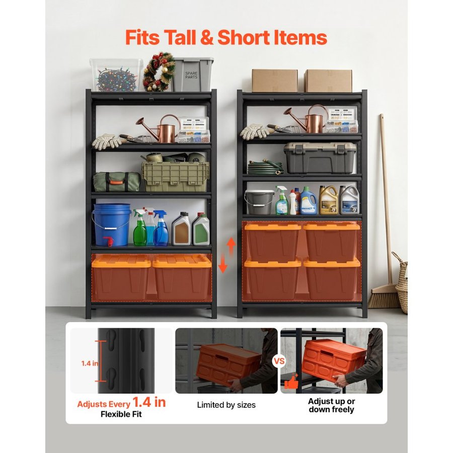 VEVOR Storage Shelves, 5-Tier Adjustable, 1360.8 kg Capacity, Heavy Duty Garage Storage Shelving Unit, Metal Utility Rack Shelf, for Garage Warehouse Basement Kitchen, 1030 mm W x 465 mm D x 1813 mm H