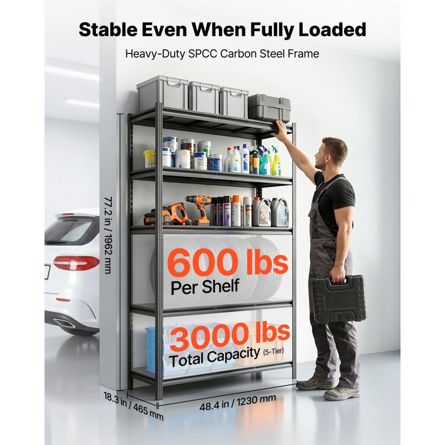 VEVOR Storage Shelves, 5-Tier Adjustable, 1360.8kg Capacity, Heavy Duty Garage Storage Shelving Unit, Metal Utility Rack Shelf, for Garage Workshop Warehouse Basement, 1230 mm W x 465 mm D x 1962 mm H