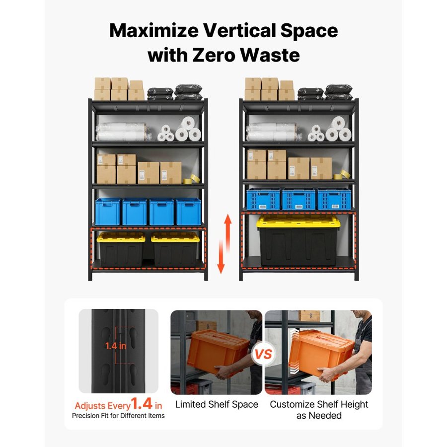 VEVOR Storage Shelves, 5-Tier Adjustable, 1360.8kg Capacity, Heavy Duty Garage Storage Shelving Unit, Metal Utility Rack Shelf, for Garage Workshop Warehouse Basement, 1230 mm W x 465 mm D x 1962 mm H