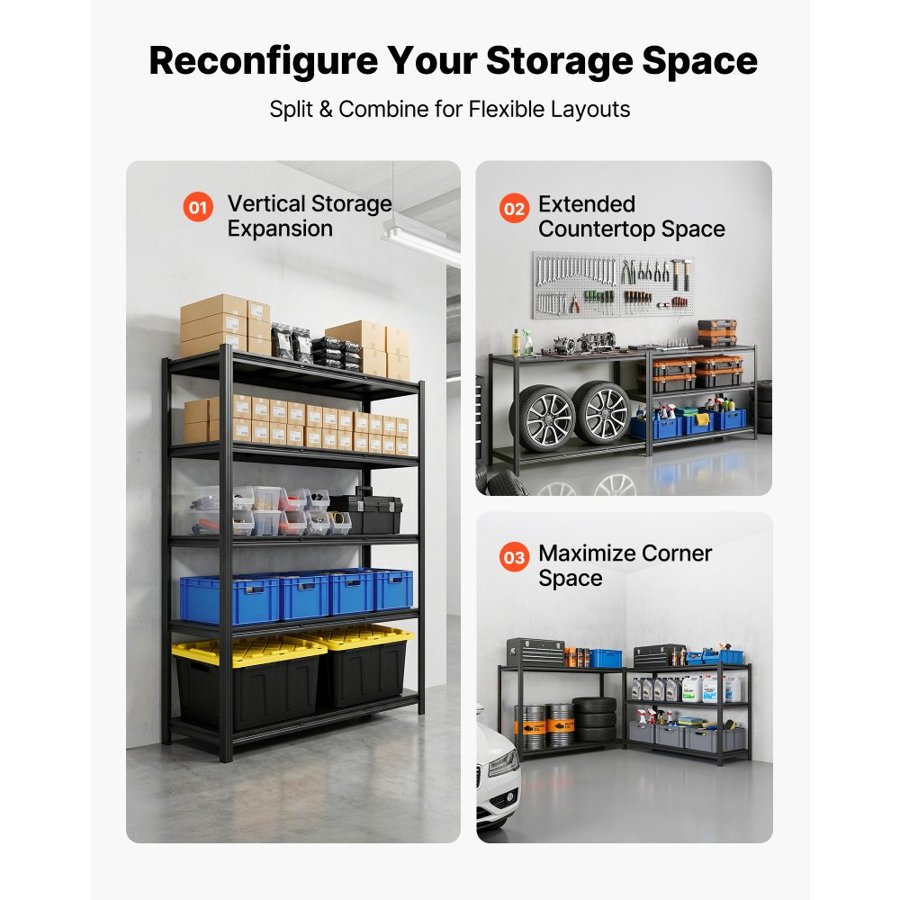 VEVOR Storage Shelves, 5-Tier Adjustable, 1360.8kg Capacity, Heavy Duty Garage Storage Shelving Unit, Metal Utility Rack Shelf, for Garage Workshop Warehouse Basement, 1230 mm W x 465 mm D x 1962 mm H