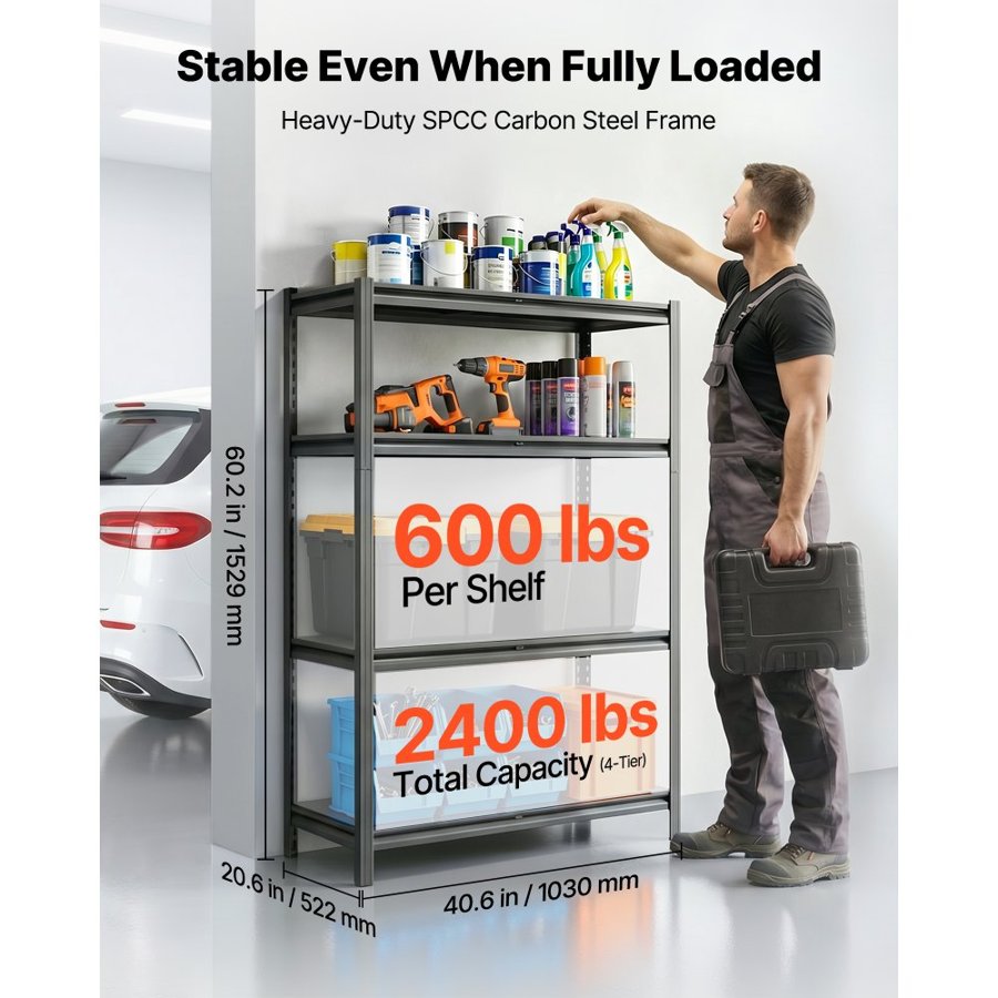VEVOR Storage Shelves, 4-Tier Adjustable, 1088.6kg Capacity, Heavy Duty Garage Storage Shelving Unit, Metal Utility Rack Shelf, for Garage Workshop Warehouse Basement, 1030 mm W x 522 mm D x 1529 mm H