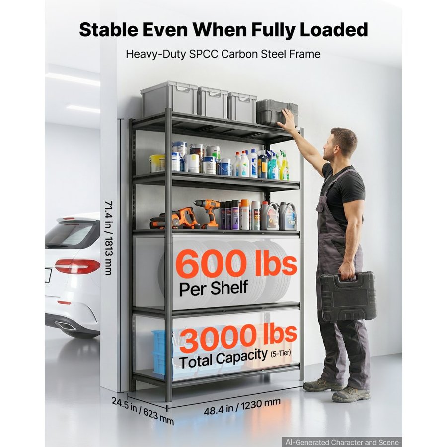 VEVOR Storage Shelves, 5-Tier Adjustable, 1360.8kg Capacity, Heavy Duty Garage Storage Shelving Unit, Metal Utility Rack Shelf, for Garage Workshop Warehouse Basement, 1230 mm W x 623 mm D x 1813 mm H